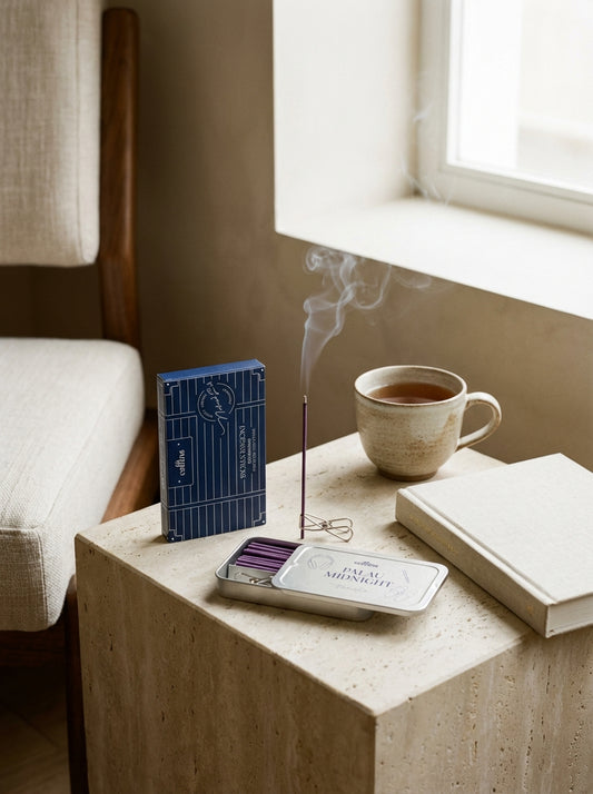 Incense stick in Palau Midnight burning with mug of coffee, and book near a window.