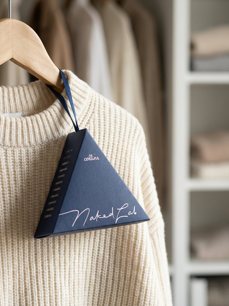 Nighttime fragrance sachet in Palau Midnight Navy hanging in wardrobe