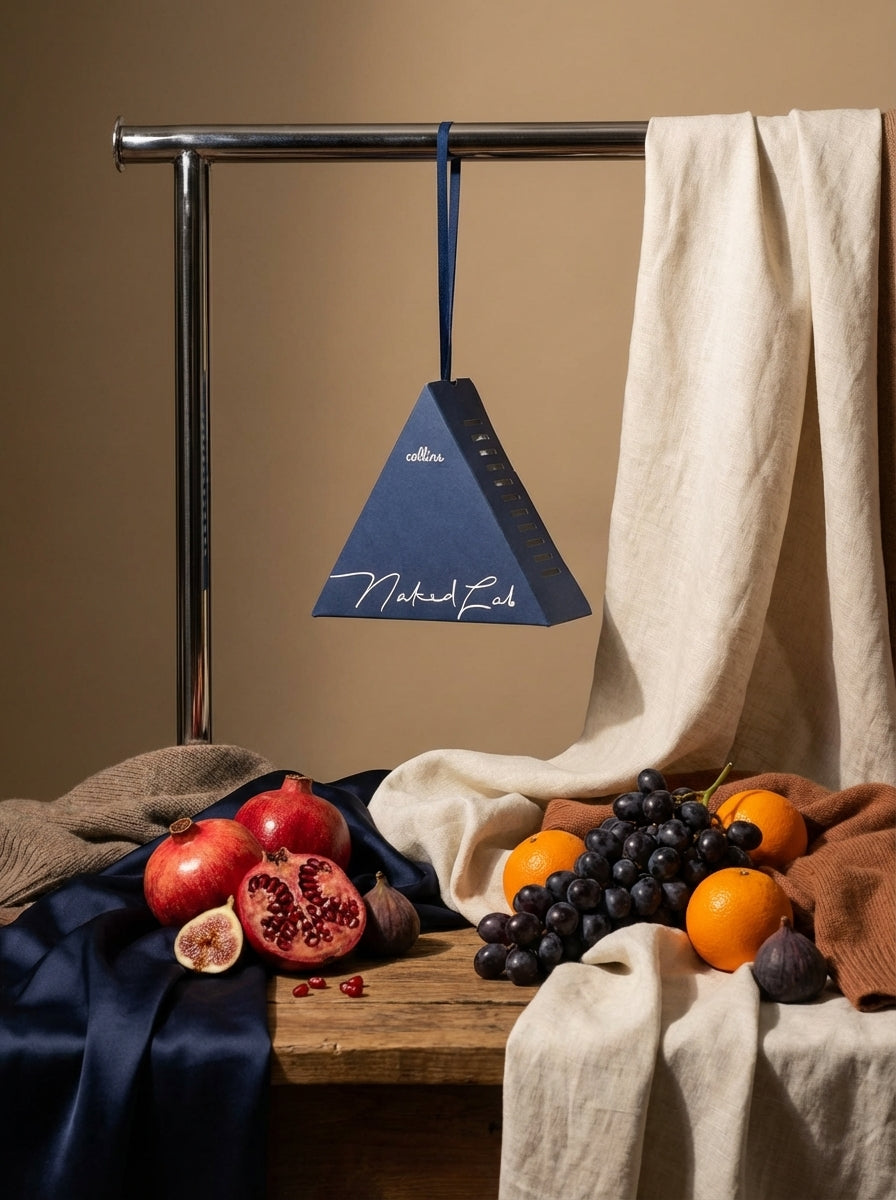 Nighttime fragrance sachet in Palau Midnight Navy hanging with fruit