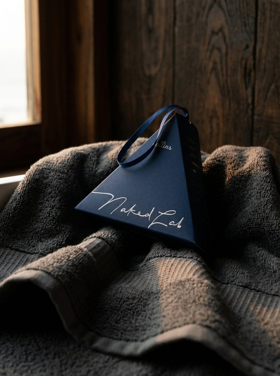 Nighttime fragrance sachet in Palau Midnight Navy lying with towel in grey